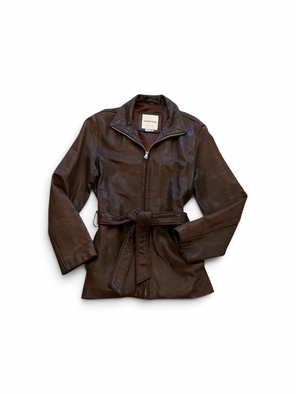 Andrew Marc Brown Leather Belted Jacket